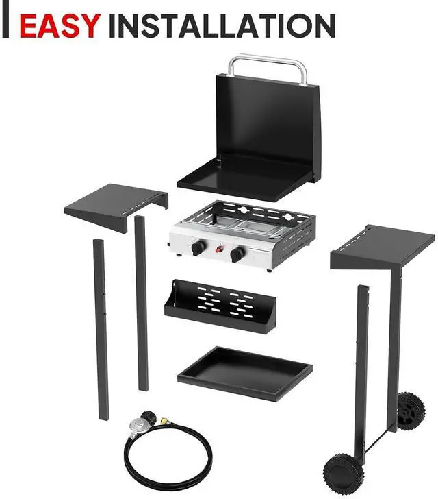 Alt view image 4 of 7 - 20000BTU Propane Griddle with Lid and Ignition, Standing Flat Top Gas Grill with Portable Rolling Wheels and Storage Shelf, 2 Burner Camping Cooker for Patio Backyard Outdoor Cooking BBQ