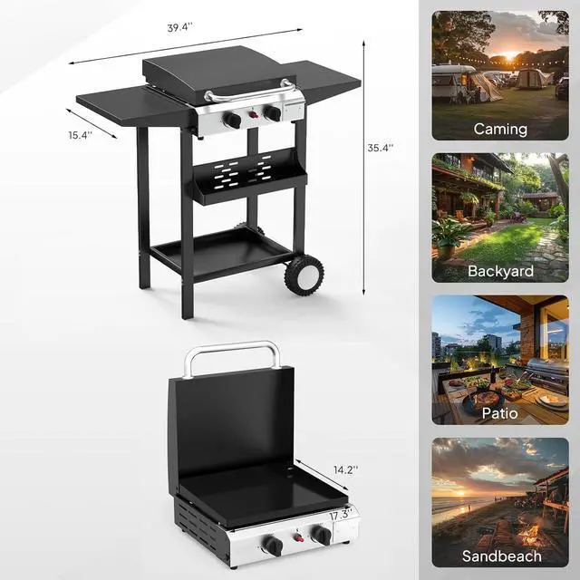 Alt view image 6 of 7 - 20000BTU Propane Griddle with Lid and Ignition, Standing Flat Top Gas Grill with Portable Rolling Wheels and Storage Shelf, 2 Burner Camping Cooker for Patio Backyard Outdoor Cooking BBQ