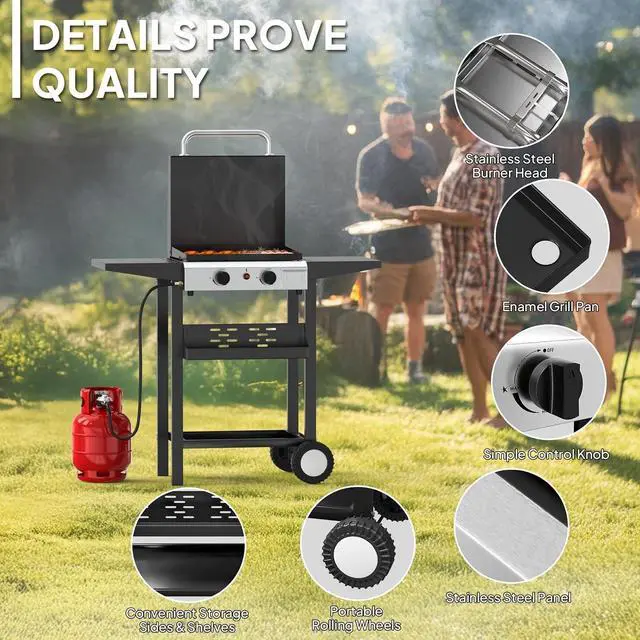 Alt view image 5 of 7 - 20000BTU Propane Griddle with Lid and Ignition, Standing Flat Top Gas Grill with Portable Rolling Wheels and Storage Shelf, 2 Burner Camping Cooker for Patio Backyard Outdoor Cooking BBQ