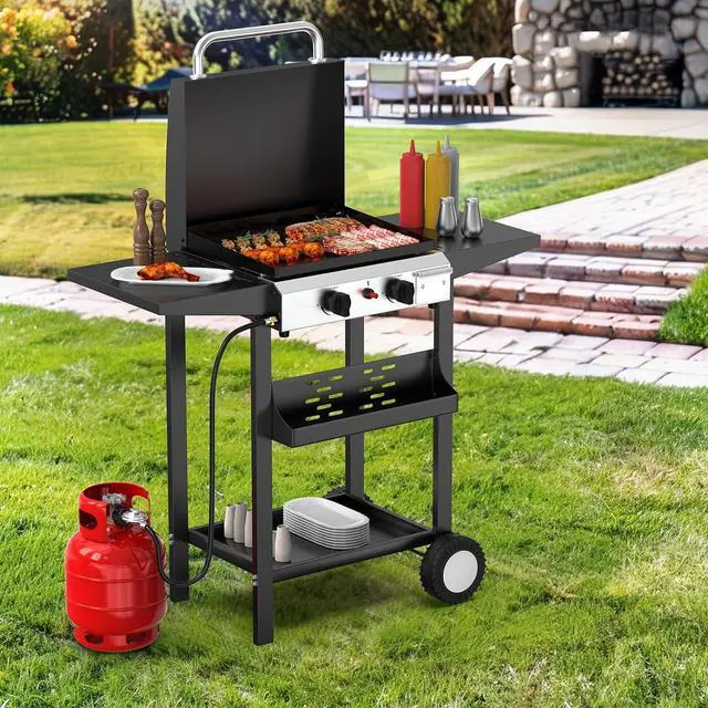 Alt view image 7 of 7 - 20000BTU Propane Griddle with Lid and Ignition, Standing Flat Top Gas Grill with Portable Rolling Wheels and Storage Shelf, 2 Burner Camping Cooker for Patio Backyard Outdoor Cooking BBQ