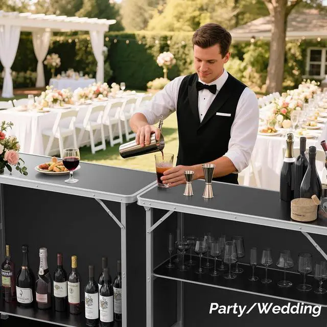 Alt view image 2 of 7 - Folding Portable Bar Table, Mobile Bar Table for Events, Party, Camping, Picnic, Tradeshow, Indoor with Black Skirt 39 "L x 34" H