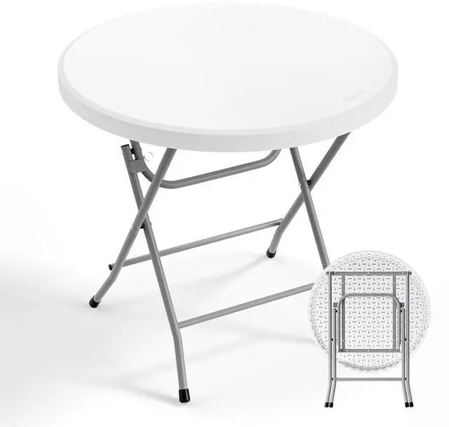 Main image of Round Folding Table 32 inch, HDPE Plastic Small Tabletop with Steel Frame Foldable Card Table for Indoor Outdoor Outside Dining, Party and Commercial Event, White