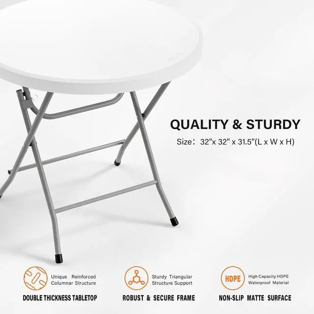 Alt view image 3 of 7 - Round Folding Table 32 inch, HDPE Plastic Small Tabletop with Steel Frame Foldable Card Table for Indoor Outdoor Outside Dining, Party and Commercial Event, White