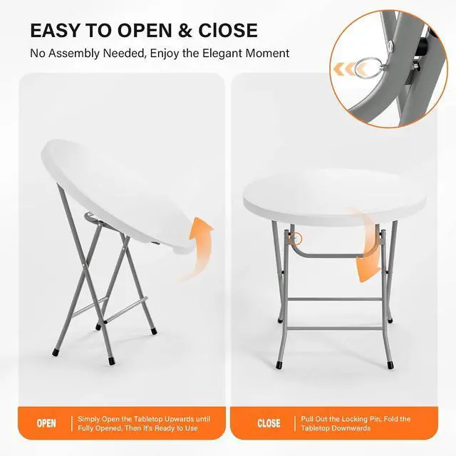 Alt view image 4 of 7 - Round Folding Table 32 inch, HDPE Plastic Small Tabletop with Steel Frame Foldable Card Table for Indoor Outdoor Outside Dining, Party and Commercial Event, White