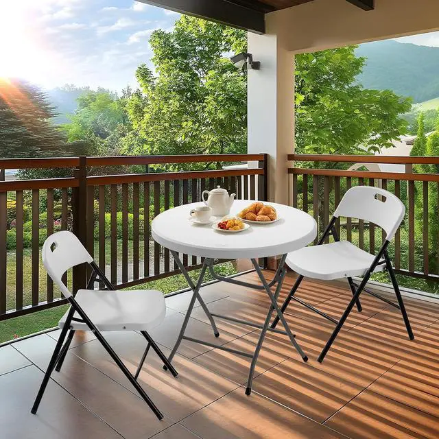 Alt view image 5 of 7 - Round Folding Table 32 inch, HDPE Plastic Small Tabletop with Steel Frame Foldable Card Table for Indoor Outdoor Outside Dining, Party and Commercial Event, White
