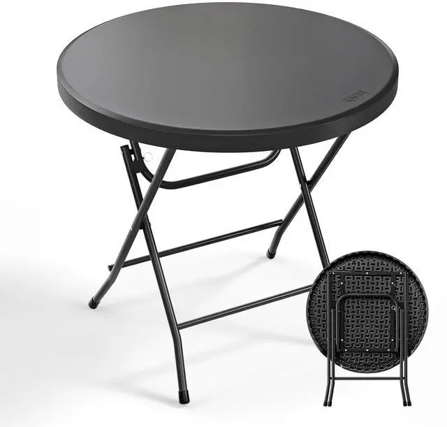 Main image of Round Folding Table 32 inch, HDPE Plastic Small Tabletop with Steel Frame Foldable Card Table for Indoor Outdoor Outside Dining, Party and Commercial Event, Black
