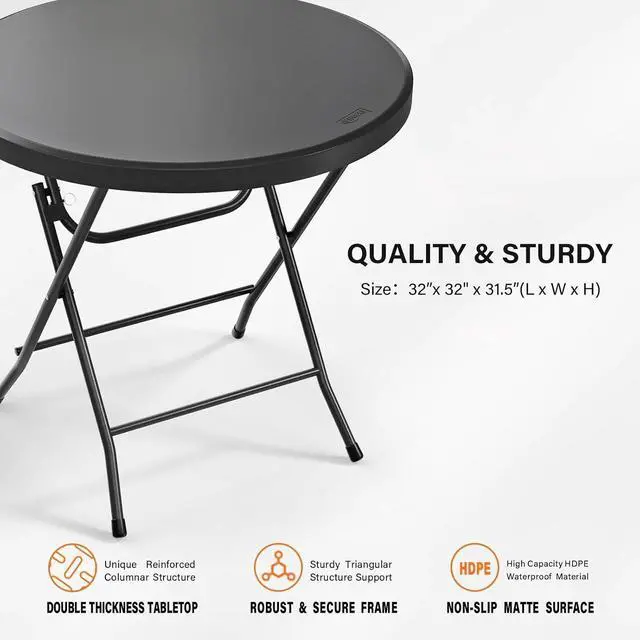 Alt view image 3 of 7 - Round Folding Table 32 inch, HDPE Plastic Small Tabletop with Steel Frame Foldable Card Table for Indoor Outdoor Outside Dining, Party and Commercial Event, Black