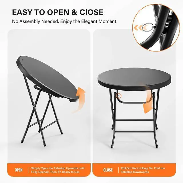 Alt view image 4 of 7 - Round Folding Table 32 inch, HDPE Plastic Small Tabletop with Steel Frame Foldable Card Table for Indoor Outdoor Outside Dining, Party and Commercial Event, Black