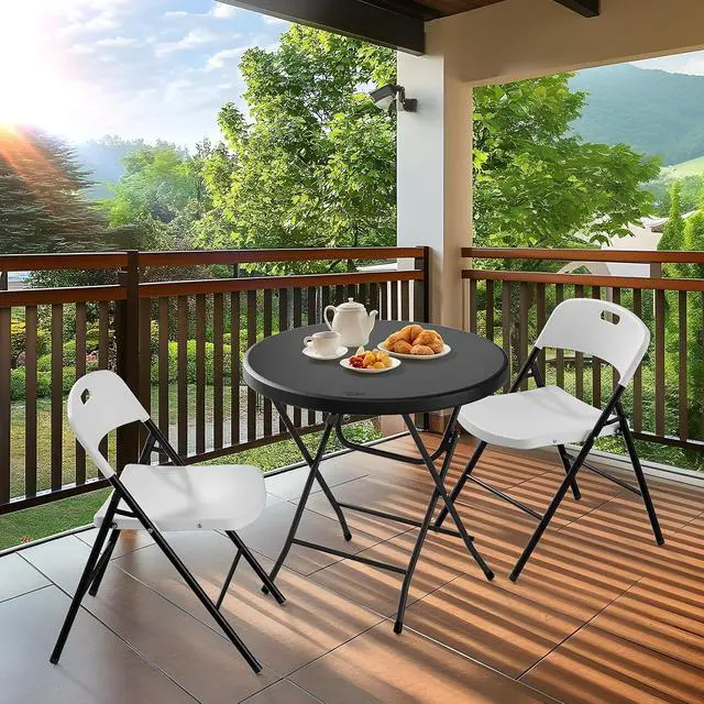 Alt view image 2 of 7 - Round Folding Table 32 inch, HDPE Plastic Small Tabletop with Steel Frame Foldable Card Table for Indoor Outdoor Outside Dining, Party and Commercial Event, Black