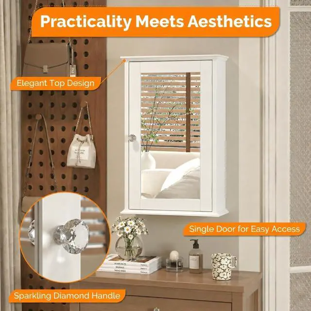 Alt view image 3 of 7 - White Mirrored Medicine Cabinet - Wall Mounted Bathroom Storage Organizer with Single Door, 2 Adjustable Shelves & Magnetic Lock, Small Vanity Cabinet for Over the Toilet/Sink