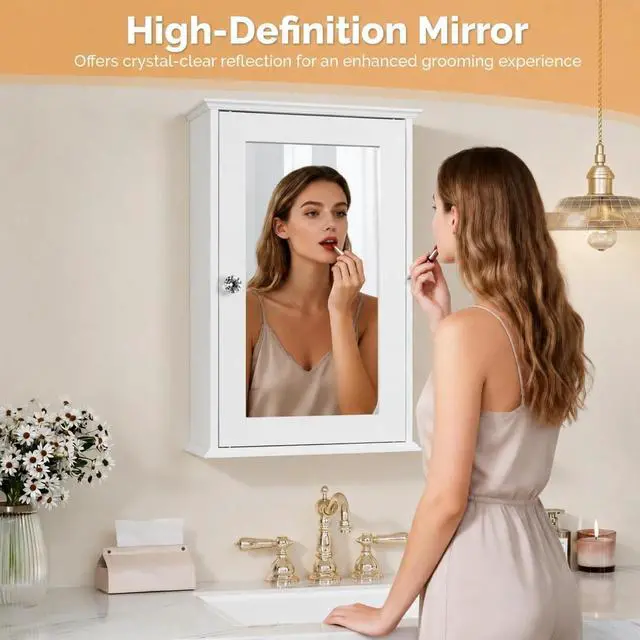 Alt view image 4 of 7 - White Mirrored Medicine Cabinet - Wall Mounted Bathroom Storage Organizer with Single Door, 2 Adjustable Shelves & Magnetic Lock, Small Vanity Cabinet for Over the Toilet/Sink