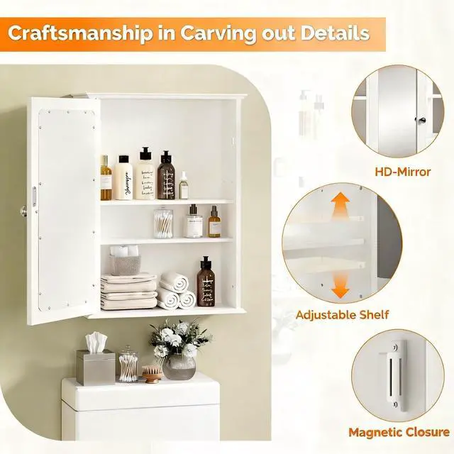 Alt view image 7 of 7 - White Mirrored Medicine Cabinet - Wall Mounted Bathroom Storage Organizer with Single Door, 2 Adjustable Shelves & Magnetic Lock, Small Vanity Cabinet for Over the Toilet/Sink