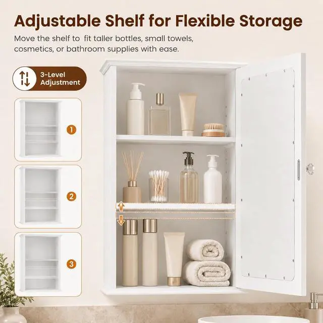 Alt view image 6 of 7 - White Mirrored Medicine Cabinet - Wall Mounted Bathroom Storage Organizer with Single Door, 2 Adjustable Shelves & Magnetic Lock, Small Vanity Cabinet for Over the Toilet/Sink