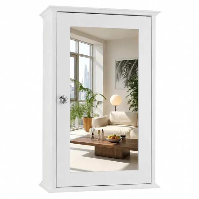 Main image of White Mirrored Medicine Cabinet - Wall Mounted Bathroom Storage Organizer with Single Door, 2 Adjustable Shelves & Magnetic Lock, Small Vanity Cabinet for Over the Toilet/Sink