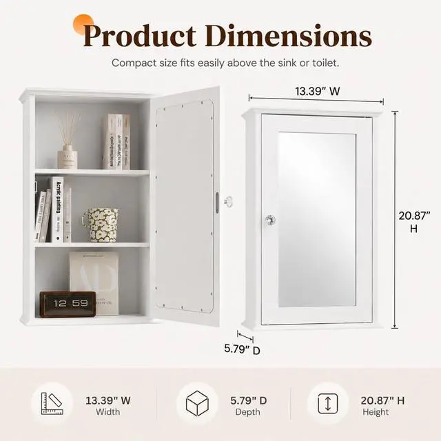Alt view image 2 of 7 - White Mirrored Medicine Cabinet - Wall Mounted Bathroom Storage Organizer with Single Door, 2 Adjustable Shelves & Magnetic Lock, Small Vanity Cabinet for Over the Toilet/Sink