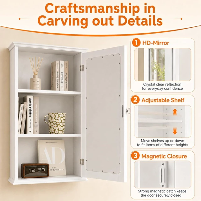 Alt view image 4 of 7 - White Mirrored Medicine Cabinet, Wall Mounted Bathroom Storage Cabinet with Mirror Door, Adjustable Shelves & Magnetic Closure, Small Bathroom Organizer for Over Toilet or Sink