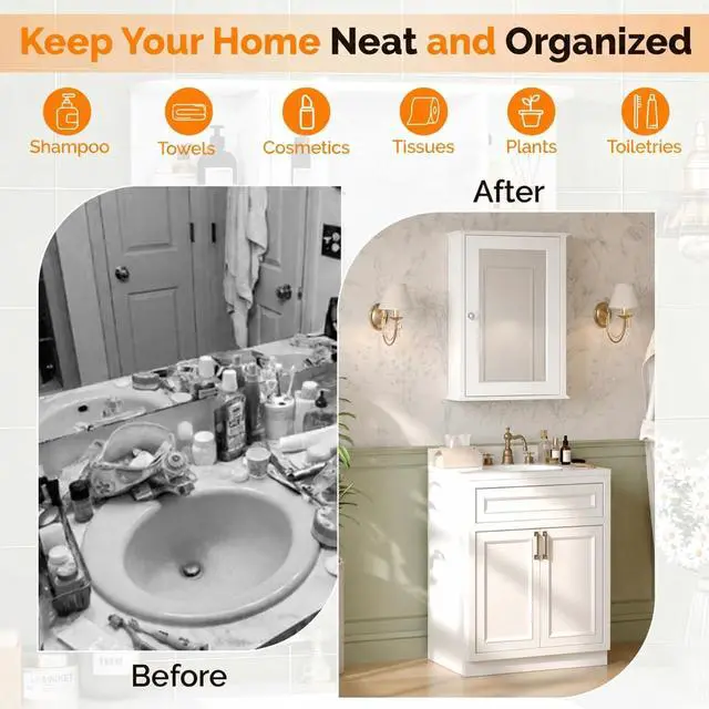 Alt view image 5 of 7 - White Mirrored Medicine Cabinet - Wall Mounted Bathroom Storage Organizer with Single Door, 2 Adjustable Shelves & Magnetic Lock, Small Vanity Cabinet for Over the Toilet/Sink