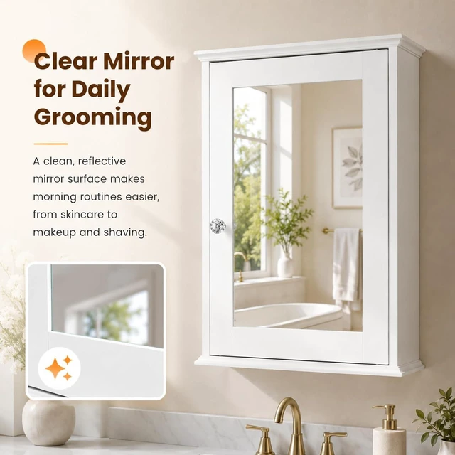 Alt view image 5 of 7 - White Mirrored Medicine Cabinet, Wall Mounted Bathroom Storage Cabinet with Mirror Door, Adjustable Shelves & Magnetic Closure, Small Bathroom Organizer for Over Toilet or Sink