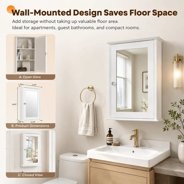 Alt view image 6 of 7 - White Mirrored Medicine Cabinet, Wall Mounted Bathroom Storage Cabinet with Mirror Door, Adjustable Shelves & Magnetic Closure, Small Bathroom Organizer for Over Toilet or Sink