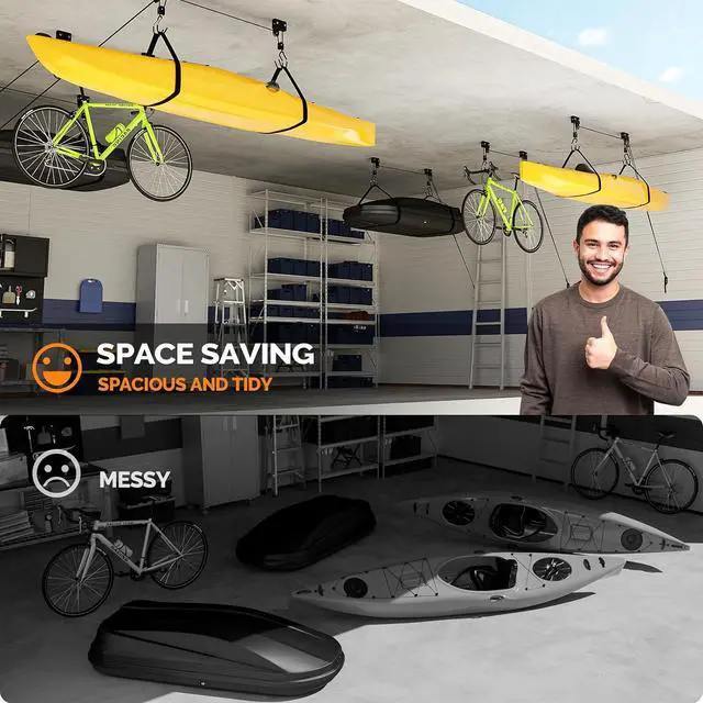 Alt view image 2 of 7 - Pulley System Kayak Hoist, Garage Ceiling Storage Canoe Lift with 150 lbs Capacity Even Works as Bike Lift, Up to 14 ft Ceiling