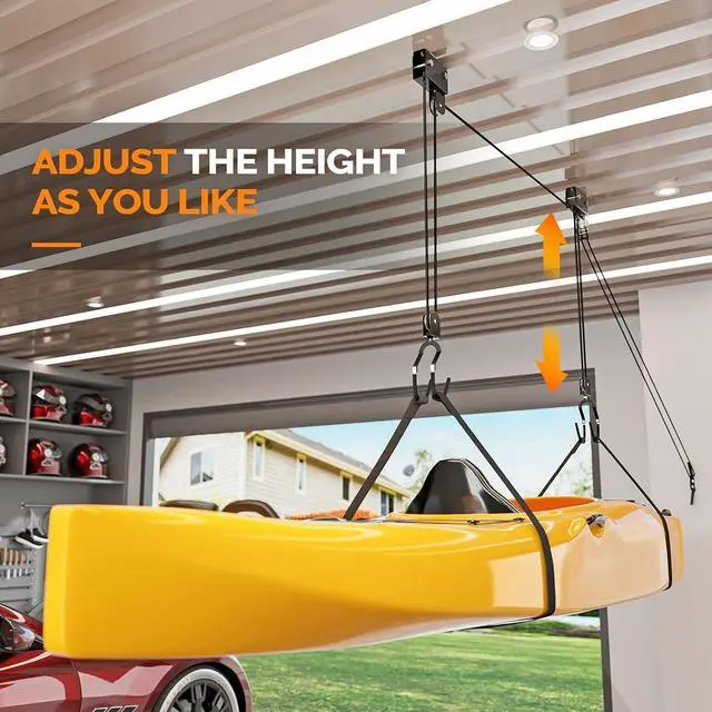 Alt view image 3 of 7 - Pulley System Kayak Hoist, Garage Ceiling Storage Canoe Lift with 150 lbs Capacity Even Works as Bike Lift, Up to 14 ft Ceiling