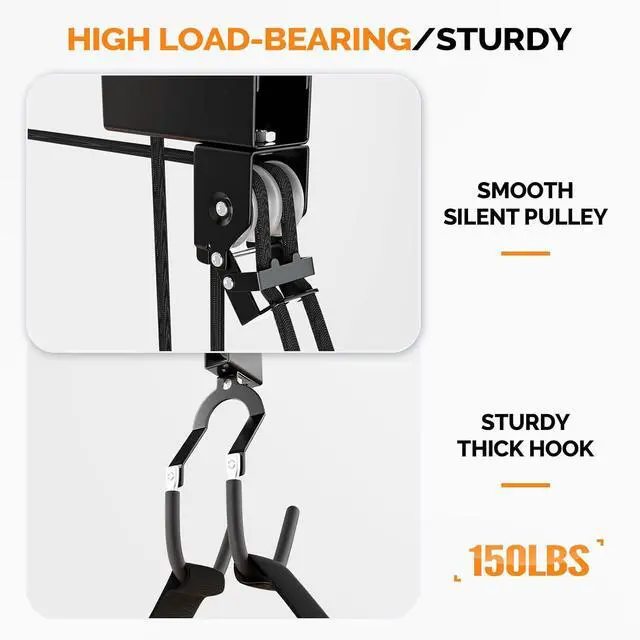 Alt view image 5 of 7 - Pulley System Kayak Hoist, Garage Ceiling Storage Canoe Lift with 150 lbs Capacity Even Works as Bike Lift, Up to 14 ft Ceiling