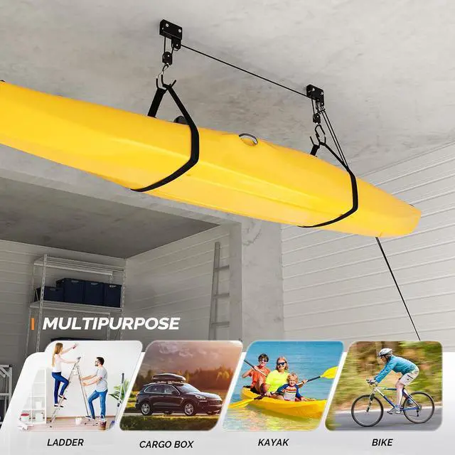 Alt view image 6 of 7 - Pulley System Kayak Hoist, Garage Ceiling Storage Canoe Lift with 150 lbs Capacity Even Works as Bike Lift, Up to 14 ft Ceiling