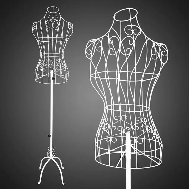 Main image of Female Wire Dress Form, Vintage Style Wire Mannequin for Home Decor Display, Small Size Adjustable Height Metal Wire Body (White)