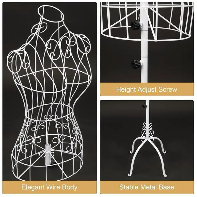 Alt view image 3 of 7 - Female Wire Dress Form, Vintage Style Wire Mannequin for Home Decor Display, Small Size Adjustable Height Metal Wire Body (White)