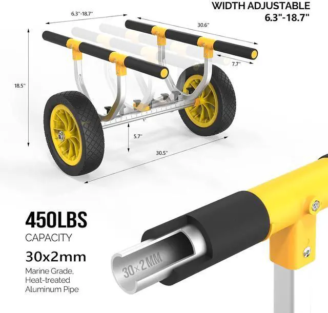 Alt view image 5 of 7 - Kayak Cart, Heavy Duty Universal Kayak Trailer Adjustable Width 6.3"-18.7" Canoe Cart Dolly with 12" Flat-Free Kayak Wheels and Kickstand, 450 Lb Weight Capacity Kayak Trolley Transport