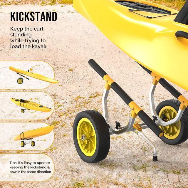 Alt view image 4 of 7 - Kayak Cart, Heavy Duty Universal Kayak Trailer Adjustable Width 6.3"-18.7" Canoe Cart Dolly with 12" Flat-Free Kayak Wheels and Kickstand, 450 Lb Weight Capacity Kayak Trolley Transport
