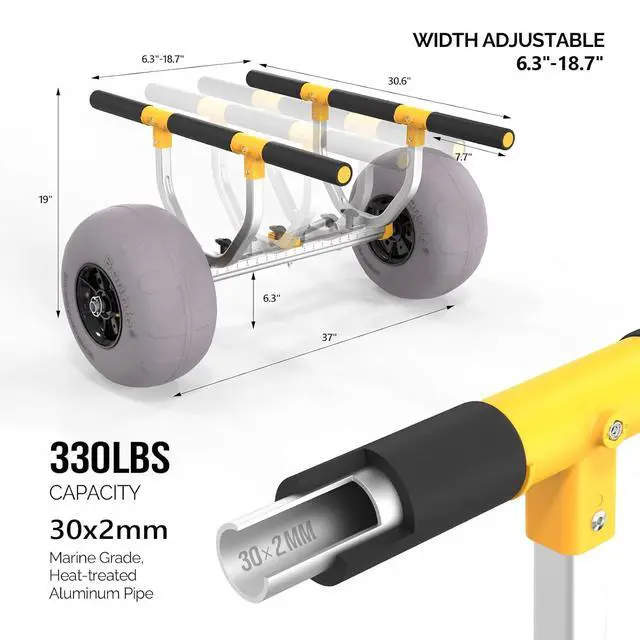 Alt view image 3 of 7 - Kayak Beach Cart, Width Adjustable 6.3"-18.7" Universal Canoe Dolly Heavy Duty Kayak Trolley with 12" Balloon Beach Wheels, Kickstand, and Free Pump, Sturdy 330 Lb Weight Capacity