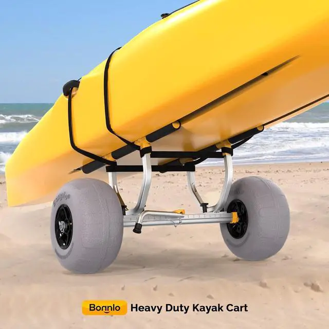 Alt view image 5 of 7 - Kayak Beach Cart, Width Adjustable 6.3"-18.7" Universal Canoe Dolly Heavy Duty Kayak Trolley with 12" Balloon Beach Wheels, Kickstand, and Free Pump, Sturdy 330 Lb Weight Capacity