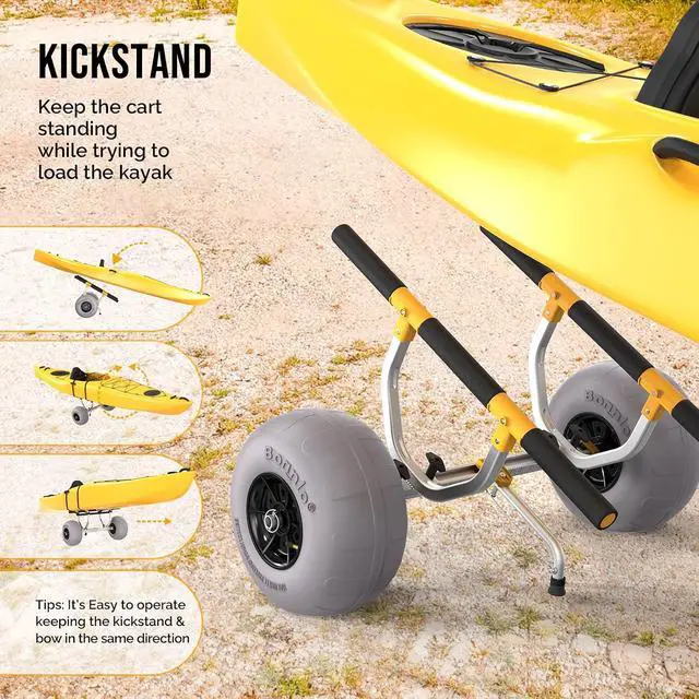 Alt view image 6 of 7 - Kayak Beach Cart, Width Adjustable 6.3"-18.7" Universal Canoe Dolly Heavy Duty Kayak Trolley with 12" Balloon Beach Wheels, Kickstand, and Free Pump, Sturdy 330 Lb Weight Capacity