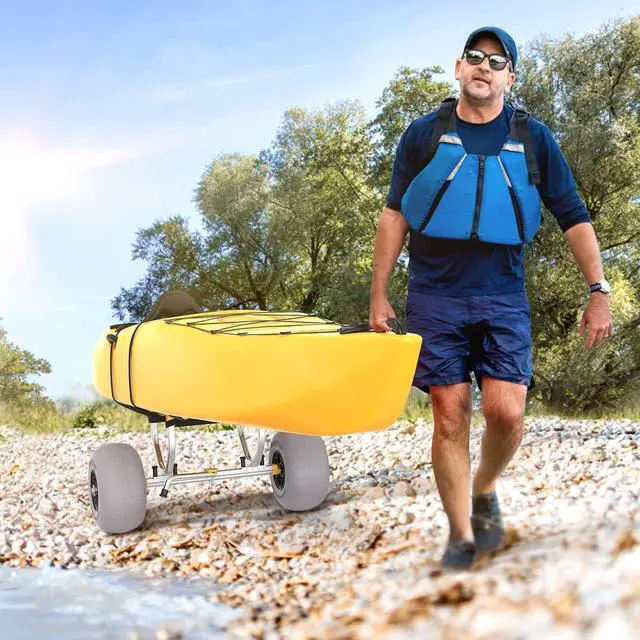 Alt view image 7 of 7 - Kayak Beach Cart, Width Adjustable 6.3"-18.7" Universal Canoe Dolly Heavy Duty Kayak Trolley with 12" Balloon Beach Wheels, Kickstand, and Free Pump, Sturdy 330 Lb Weight Capacity