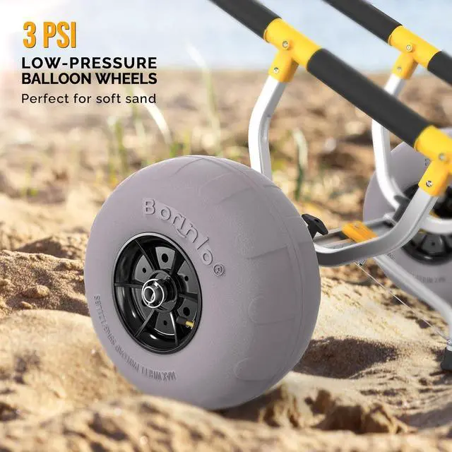 Alt view image 4 of 7 - Kayak Beach Cart, Width Adjustable 6.3"-18.7" Universal Canoe Dolly Heavy Duty Kayak Trolley with 12" Balloon Beach Wheels, Kickstand, and Free Pump, Sturdy 330 Lb Weight Capacity
