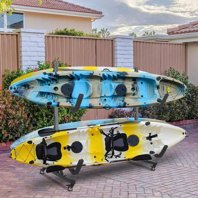 Alt view image 2 of 7 - Kayak Stand Freestanding Storage Rack for Kayak Canoe Boat Paddle Board SUP Surfboard for Indoor Outdoor Garage, Shed, Dock with Lockable Wheels Wide Adjustable