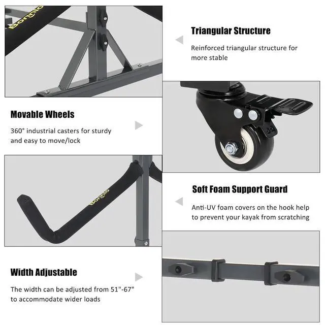 Alt view image 4 of 7 - Kayak Stand Freestanding Storage Rack for Kayak Canoe Boat Paddle Board SUP Surfboard for Indoor Outdoor Garage, Shed, Dock with Lockable Wheels Wide Adjustable