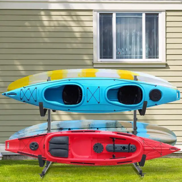 Alt view image 5 of 7 - Kayak Stand Freestanding Storage Rack for Kayak Canoe Boat Paddle Board SUP Surfboard for Indoor Outdoor Garage, Shed, Dock with Lockable Wheels Wide Adjustable