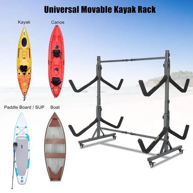 Alt view image 6 of 7 - Kayak Stand Freestanding Storage Rack for Kayak Canoe Boat Paddle Board SUP Surfboard for Indoor Outdoor Garage, Shed, Dock with Lockable Wheels Wide Adjustable