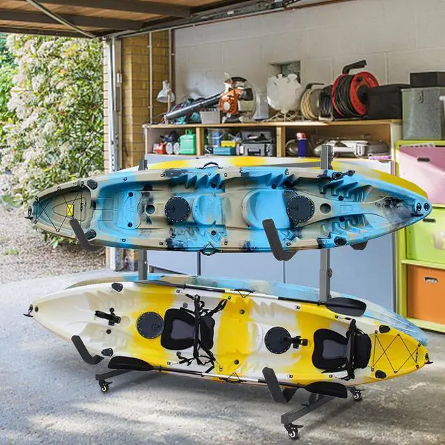 Alt view image 7 of 7 - Kayak Stand Freestanding Storage Rack for Kayak Canoe Boat Paddle Board SUP Surfboard for Indoor Outdoor Garage, Shed, Dock with Lockable Wheels Wide Adjustable