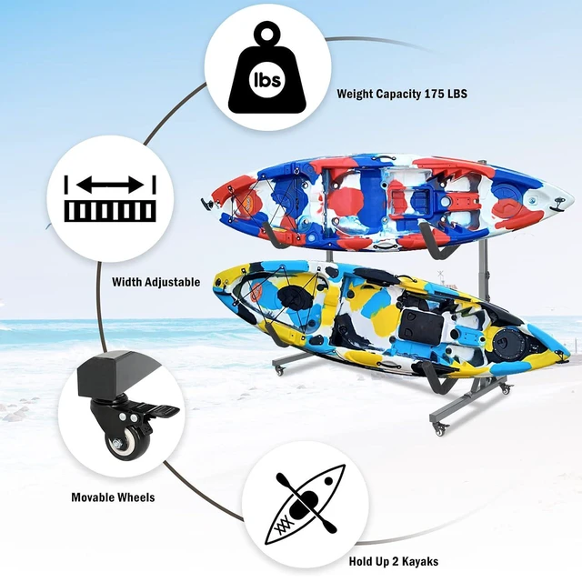 Alt view image 3 of 7 - Kayak Stand Freestanding Storage Rack for Kayak Canoe Boat Paddle Board SUP Surfboard for Indoor Outdoor Garage, Shed, Dock with Lockable Wheels Wide Adjustable