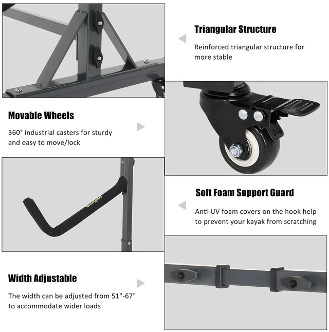 Alt view image 4 of 7 - Kayak Stand Freestanding Storage Rack for Kayak Canoe Boat Paddle Board SUP Surfboard for Indoor Outdoor Garage, Shed, Dock with Lockable Wheels Wide Adjustable