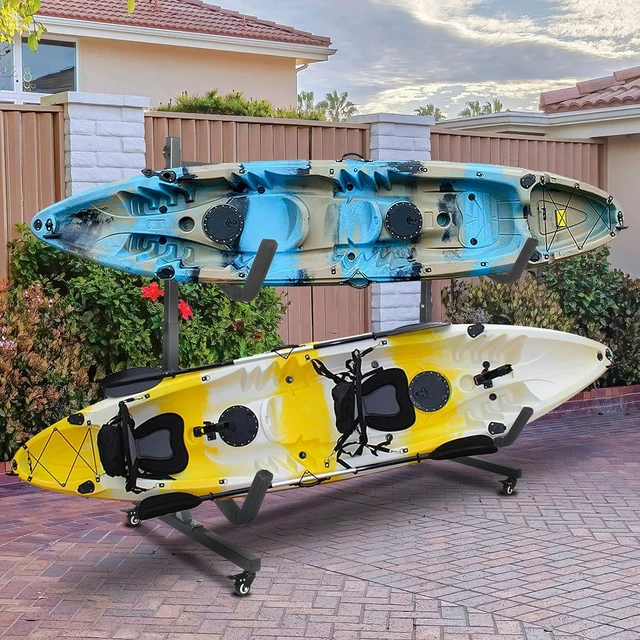 Alt view image 2 of 7 - Kayak Stand Freestanding Storage Rack for Kayak Canoe Boat Paddle Board SUP Surfboard for Indoor Outdoor Garage, Shed, Dock with Lockable Wheels Wide Adjustable