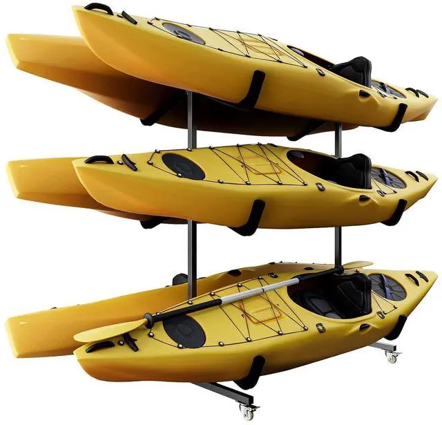 Main image of Kayak Stand Freestanding Storage Rack for Kayak Canoe Boat Paddle Board SUP Surfboard for Indoor Outdoor Garage, Shed, Dock with Lockable Wheels Wide Adjustable