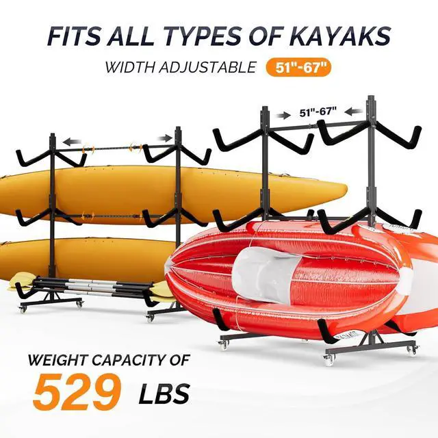 Alt view image 3 of 7 - Kayak Stand Freestanding Storage Rack for Kayak Canoe Boat Paddle Board SUP Surfboard for Indoor Outdoor Garage, Shed, Dock with Lockable Wheels Wide Adjustable