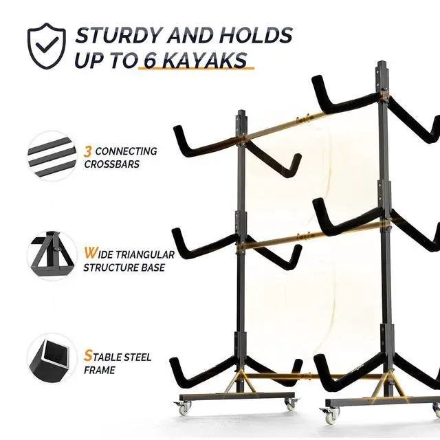 Alt view image 2 of 7 - Kayak Stand Freestanding Storage Rack for Kayak Canoe Boat Paddle Board SUP Surfboard for Indoor Outdoor Garage, Shed, Dock with Lockable Wheels Wide Adjustable