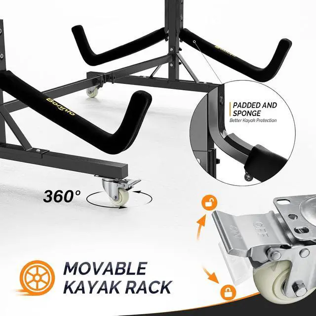 Alt view image 4 of 7 - Kayak Stand Freestanding Storage Rack for Kayak Canoe Boat Paddle Board SUP Surfboard for Indoor Outdoor Garage, Shed, Dock with Lockable Wheels Wide Adjustable