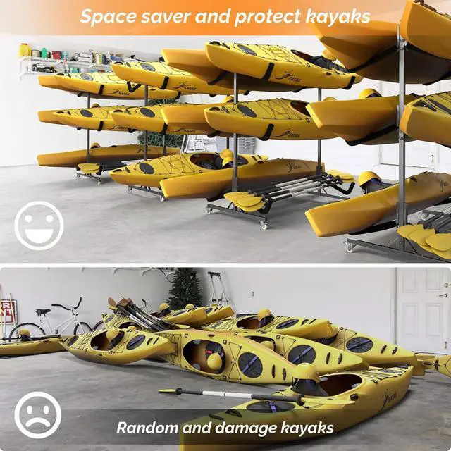 Alt view image 5 of 7 - Kayak Stand Freestanding Storage Rack for Kayak Canoe Boat Paddle Board SUP Surfboard for Indoor Outdoor Garage, Shed, Dock with Lockable Wheels Wide Adjustable
