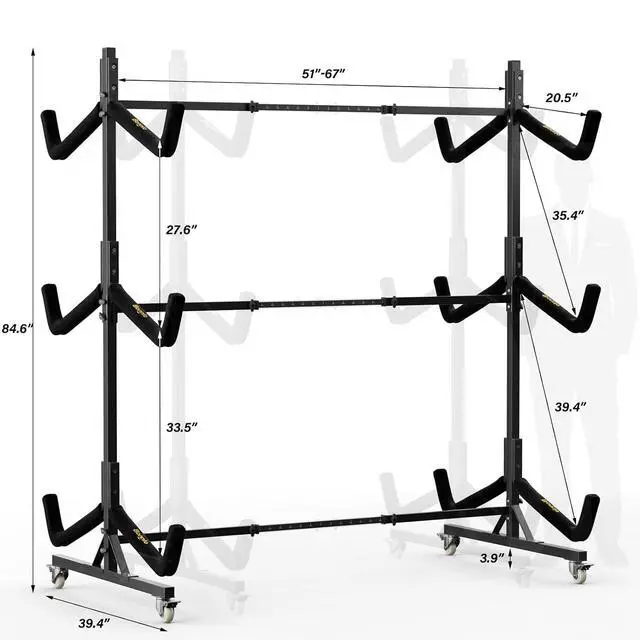 Alt view image 6 of 7 - Kayak Stand Freestanding Storage Rack for Kayak Canoe Boat Paddle Board SUP Surfboard for Indoor Outdoor Garage, Shed, Dock with Lockable Wheels Wide Adjustable